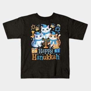 Happy Hanukkah Three Cute British Longhair Cats Menorah Kids T-Shirt